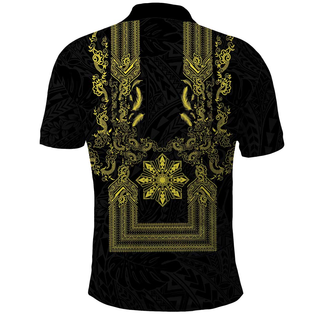 Philippines Barong Style Polo Shirt with Polynesian Art and Leaf Motif Black-Gold Color
