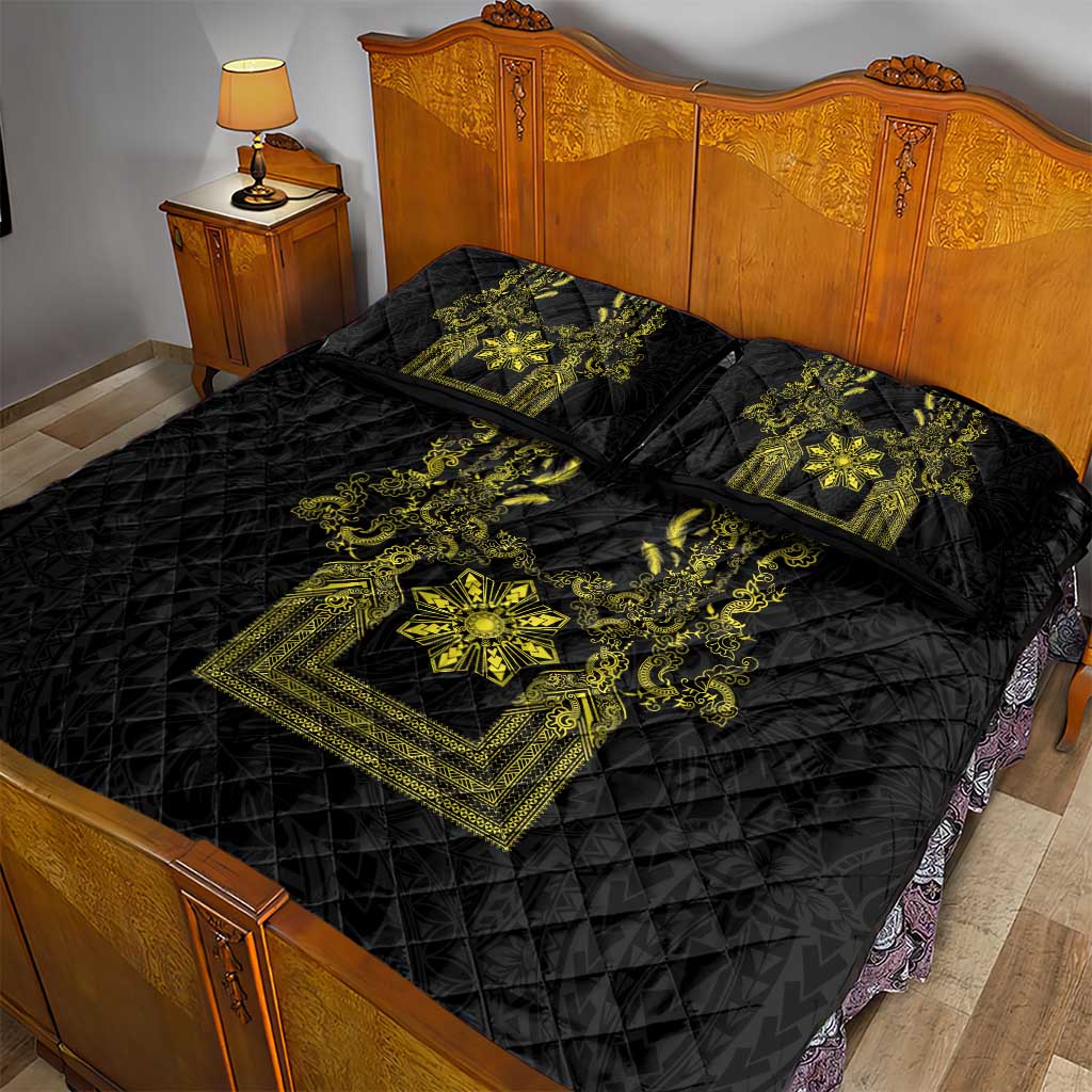 Philippines Barong Style Quilt Bed Set with Polynesian Art and Leaf Motif Black-Gold Color