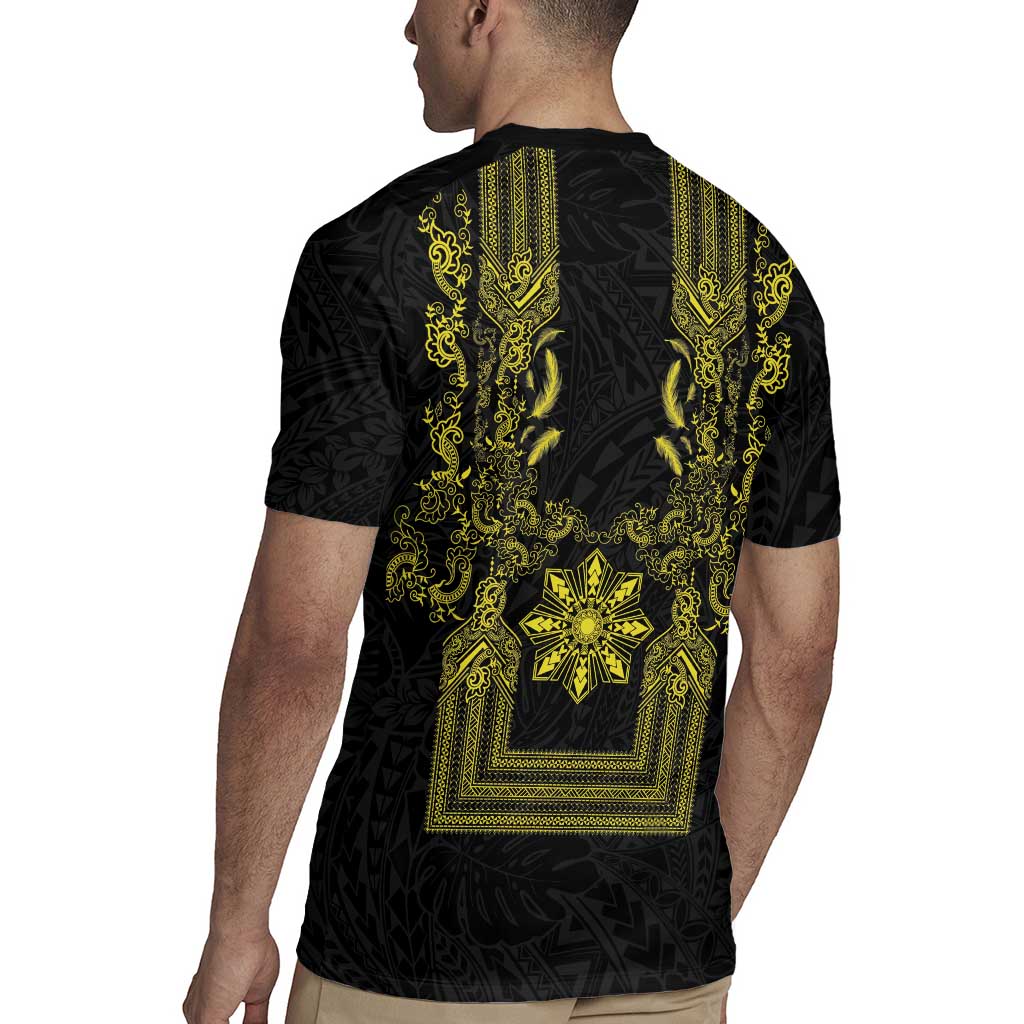 Philippines Barong Style Rugby Jersey with Polynesian Art and Leaf Motif Black-Gold Color