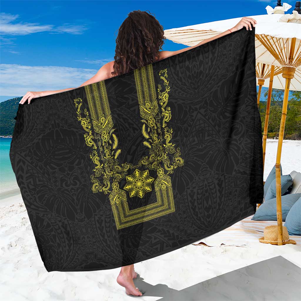 Philippines Barong Style Sarong with Polynesian Art and Leaf Motif Black-Gold Color