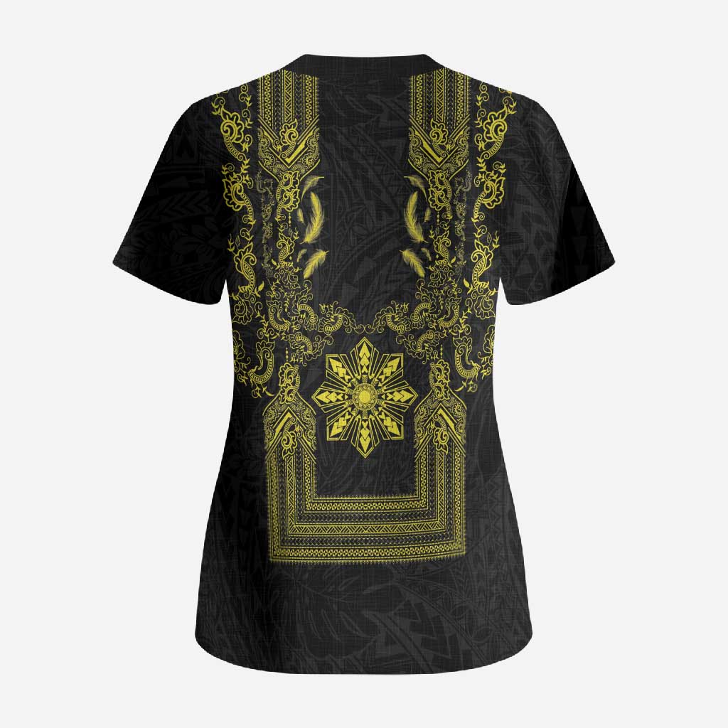 Philippines Barong Style Scrub Top with Polynesian Art and Leaf Motif Black-Gold Color