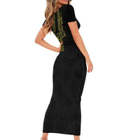 Philippines Barong Style Short Sleeve Bodycon Dress with Polynesian Art and Leaf Motif Black-Gold Color