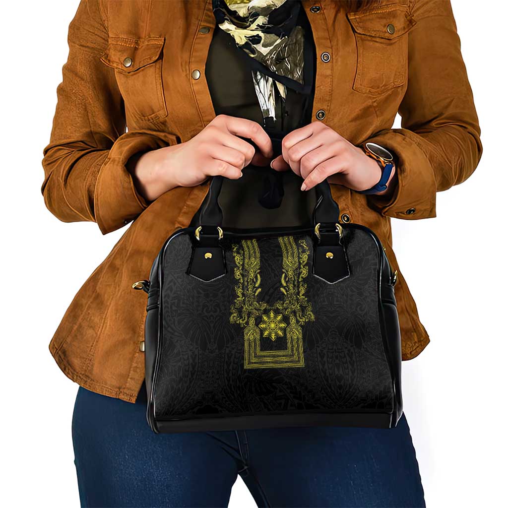 Philippines Barong Style Shoulder Handbag with Polynesian Art and Leaf Motif Black-Gold Color