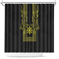 Philippines Barong Style Shower Curtain with Polynesian Art and Leaf Motif Black-Gold Color