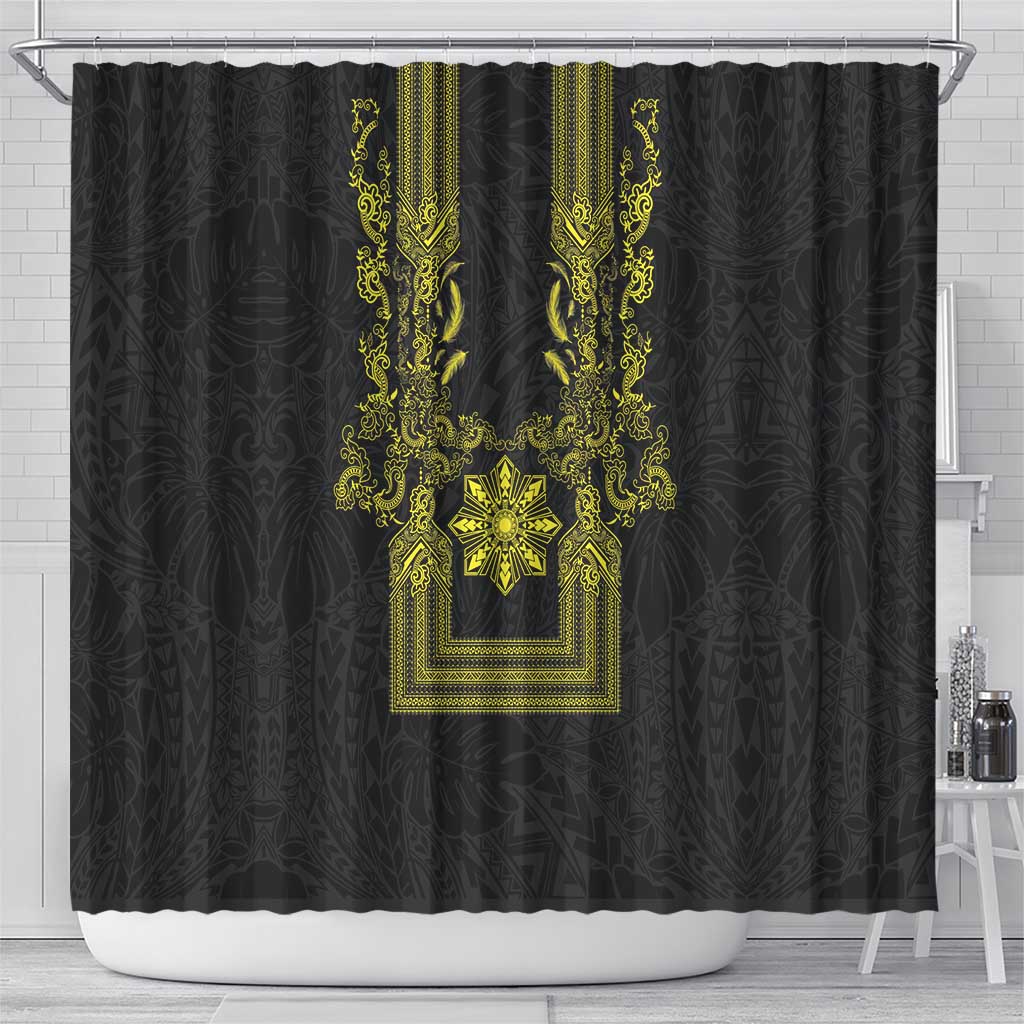 Philippines Barong Style Shower Curtain with Polynesian Art and Leaf Motif Black-Gold Color