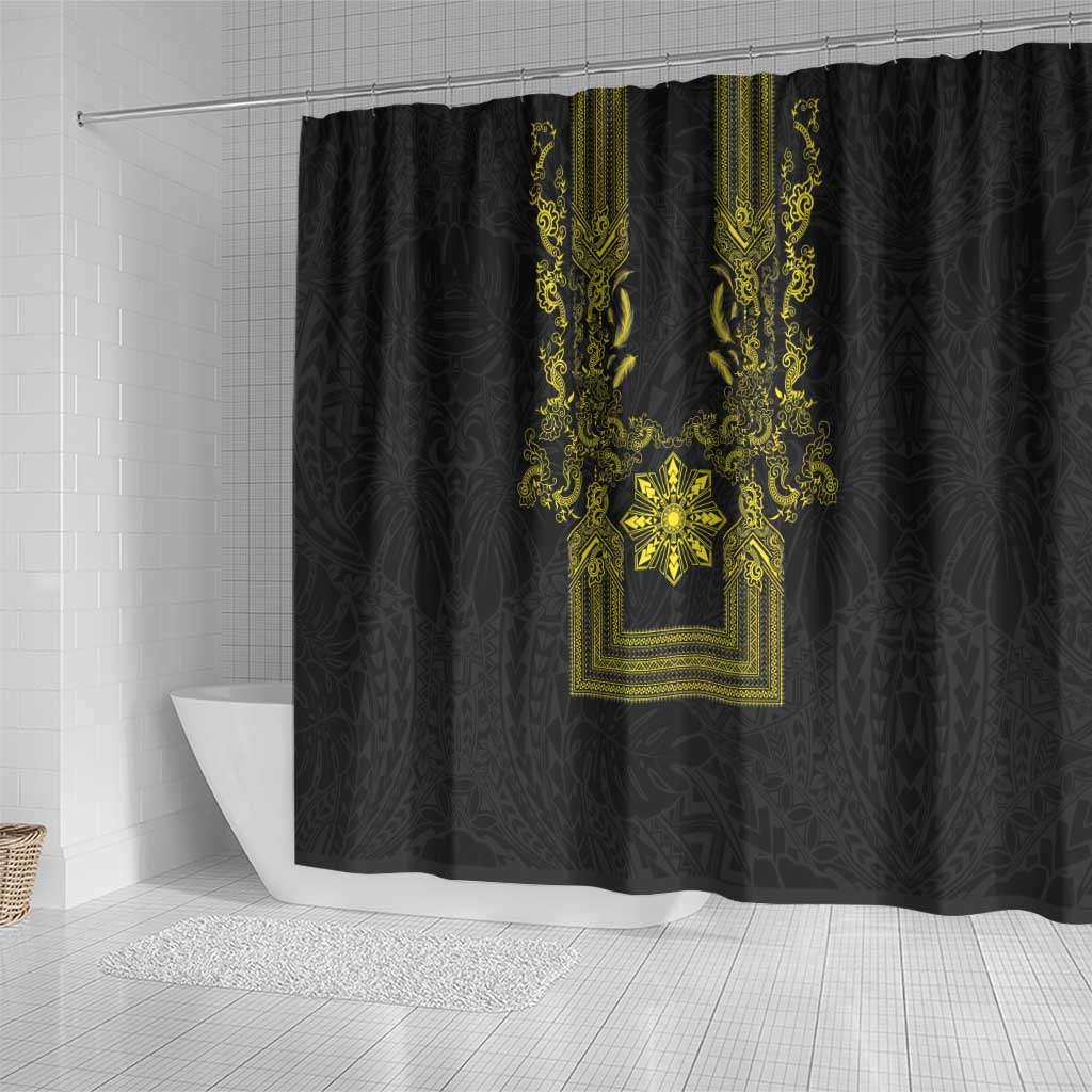 Philippines Barong Style Shower Curtain with Polynesian Art and Leaf Motif Black-Gold Color