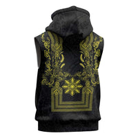 Philippines Barong Style Sleeveless Hoodie with Polynesian Art and Leaf Motif Black-Gold Color