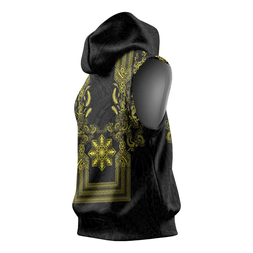 Philippines Barong Style Sleeveless Hoodie with Polynesian Art and Leaf Motif Black-Gold Color