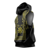 Philippines Barong Style Sleeveless Hoodie with Polynesian Art and Leaf Motif Black-Gold Color
