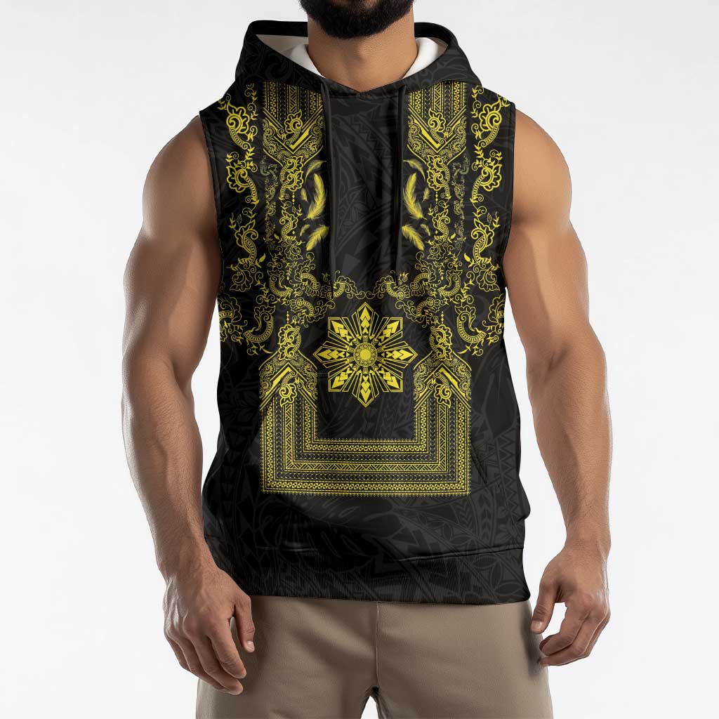 Philippines Barong Style Sleeveless Hoodie with Polynesian Art and Leaf Motif Black-Gold Color
