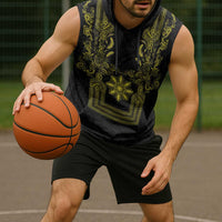 Philippines Barong Style Sleeveless Hoodie with Polynesian Art and Leaf Motif Black-Gold Color