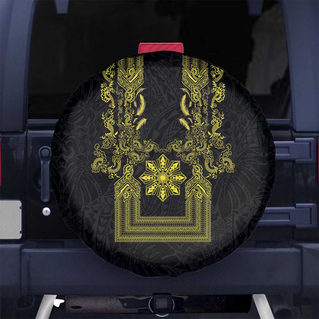 Philippines Barong Style Spare Tire Cover with Polynesian Art and Leaf Motif Black-Gold Color