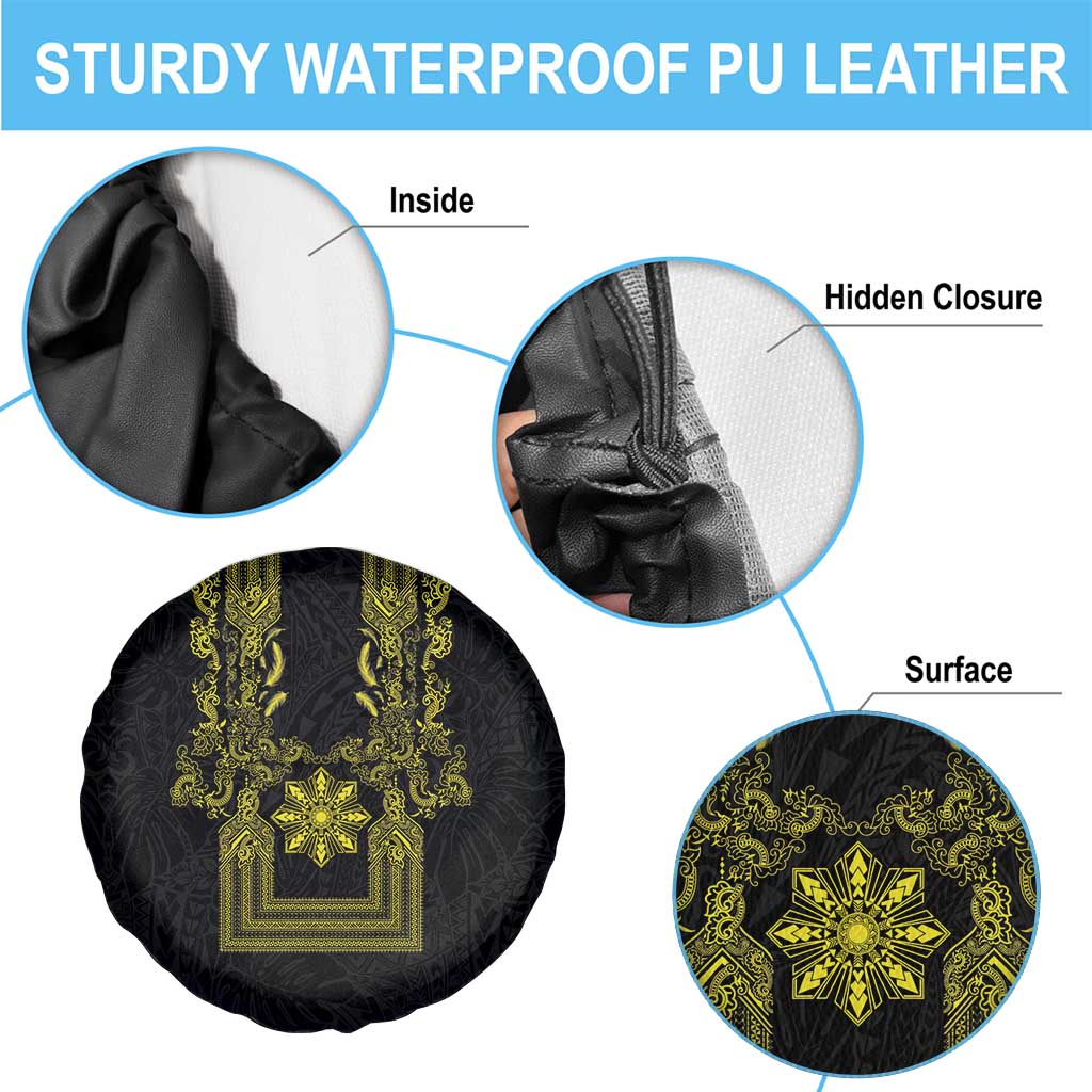 Philippines Barong Style Spare Tire Cover with Polynesian Art and Leaf Motif Black-Gold Color