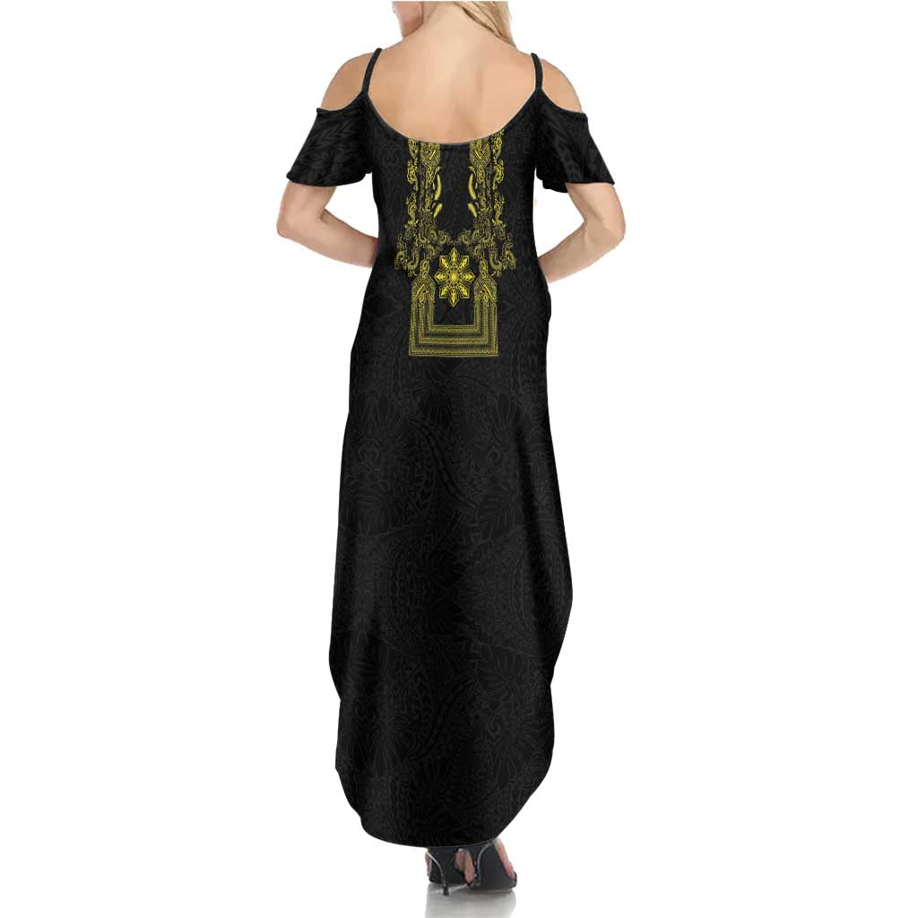Philippines Barong Style Summer Maxi Dress with Polynesian Art and Leaf Motif Black-Gold Color
