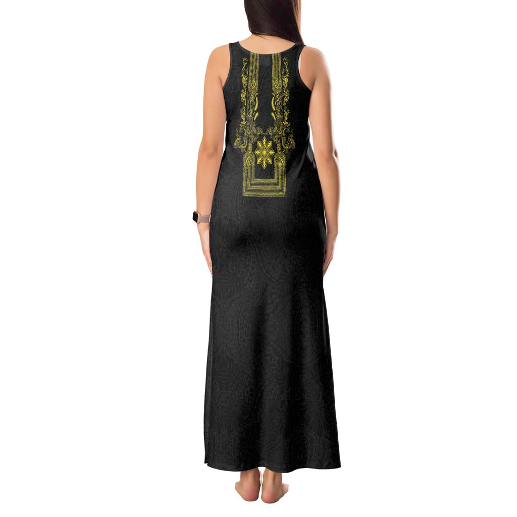 Philippines Barong Style Tank Maxi Dress with Polynesian Art and Leaf Motif Black-Gold Color
