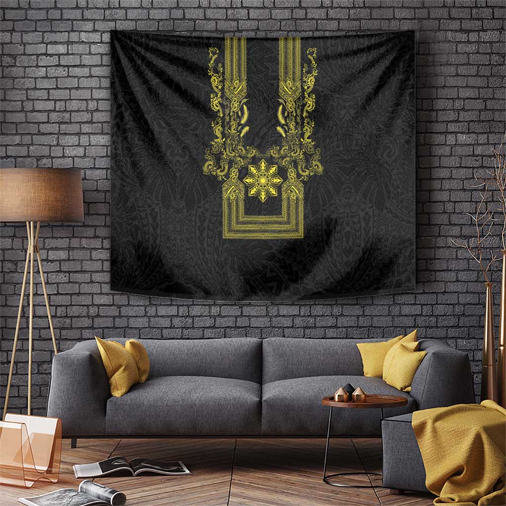 Philippines Barong Style Tapestry with Polynesian Art and Leaf Motif Black-Gold Color