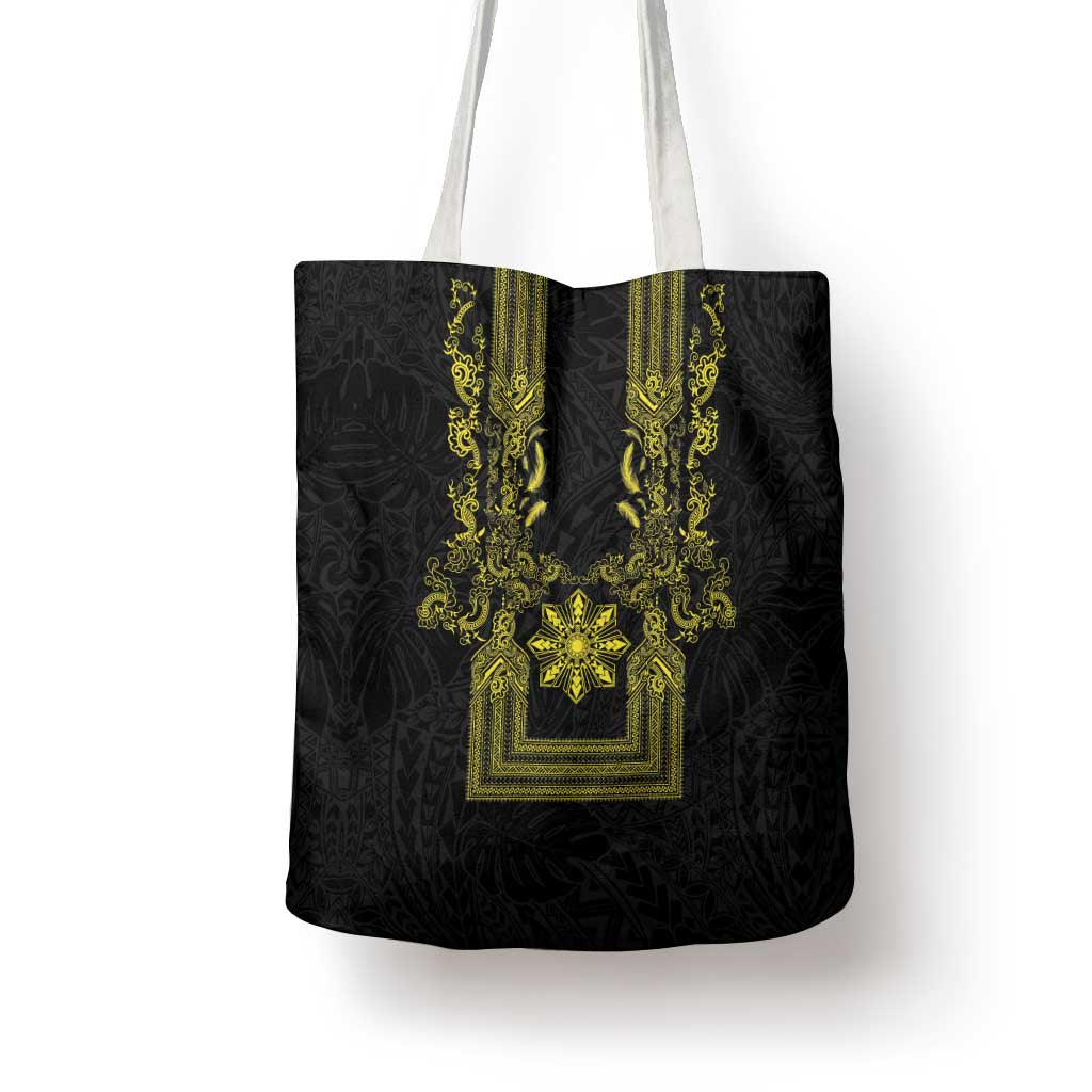 Philippines Barong Style Tote Bag with Polynesian Art and Leaf Motif Black-Gold Color