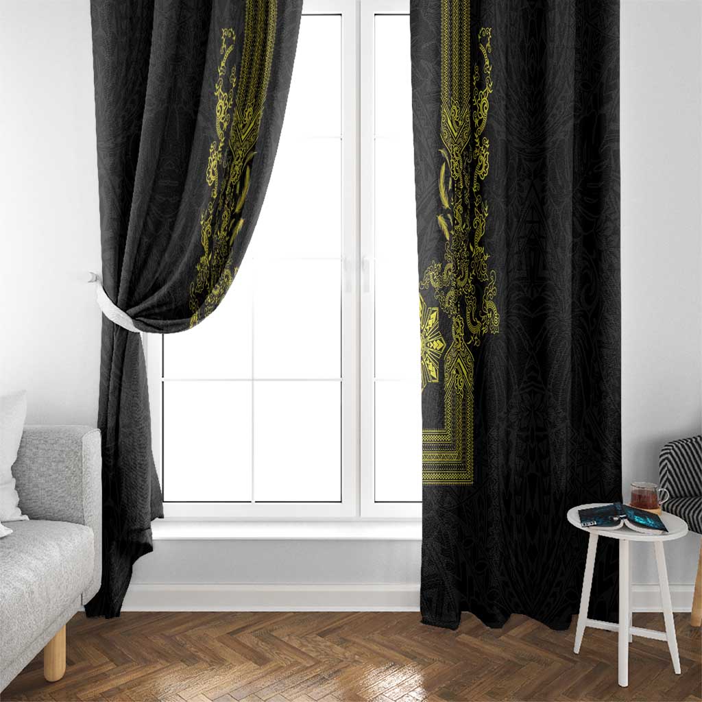 Philippines Barong Style Window Curtain with Polynesian Art and Leaf Motif Black-Gold Color