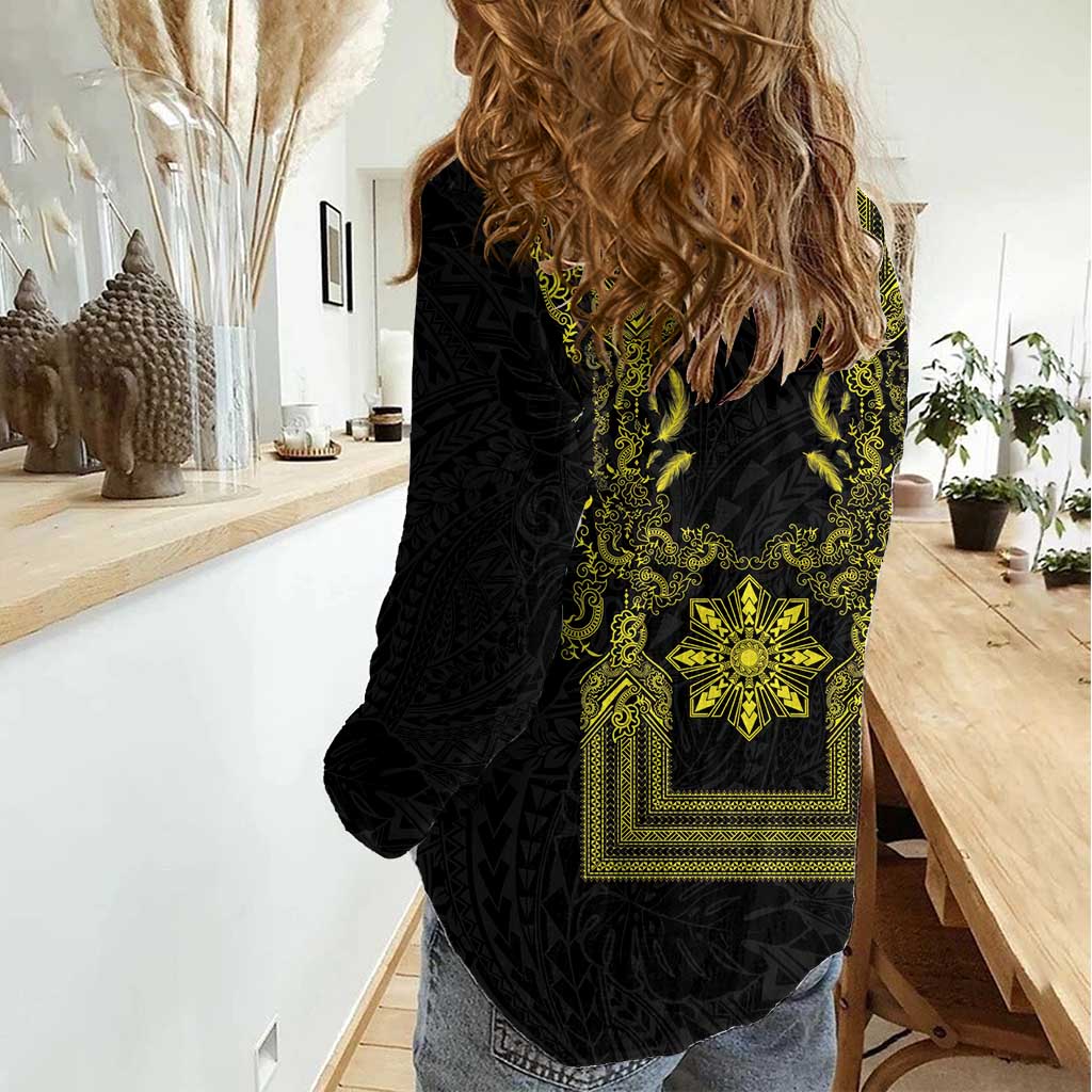 Philippines Barong Style Women Casual Shirt with Polynesian Art and Leaf Motif Black-Gold Color