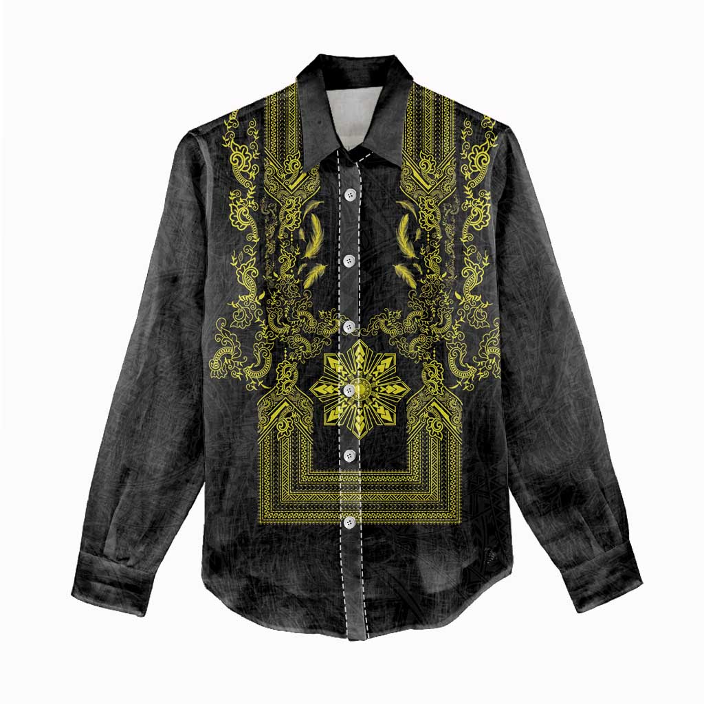 Philippines Barong Style Women Casual Shirt with Polynesian Art and Leaf Motif Black-Gold Color