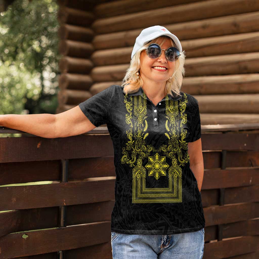 Philippines Barong Style Women Polo Shirt with Polynesian Art and Leaf Motif Black-Gold Color