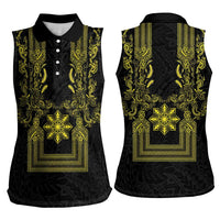 Philippines Barong Style Women Sleeveless Polo Shirt with Polynesian Art and Leaf Motif Black-Gold Color
