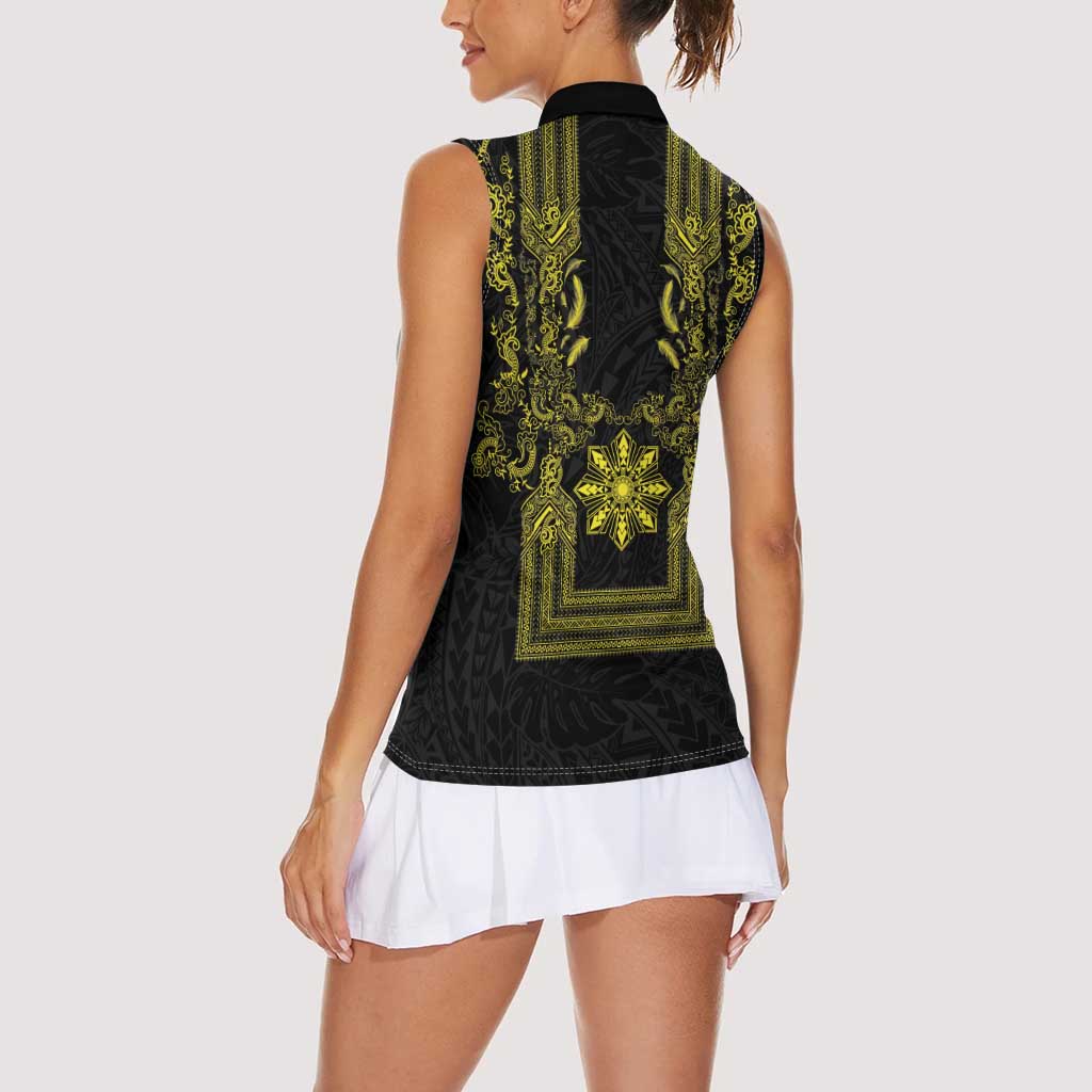 Philippines Barong Style Women Sleeveless Polo Shirt with Polynesian Art and Leaf Motif Black-Gold Color