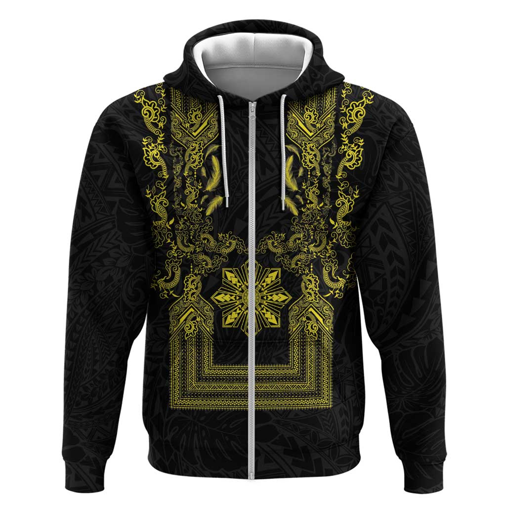 Philippines Barong Style Zip Hoodie with Polynesian Art and Leaf Motif Black-Gold Color
