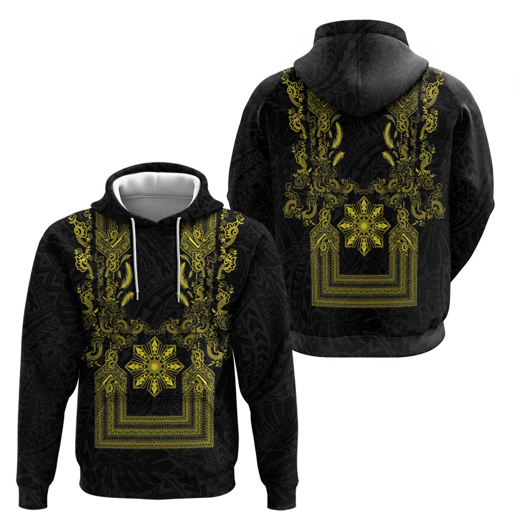 Philippines Barong Style Zip Hoodie with Polynesian Art and Leaf Motif Black-Gold Color