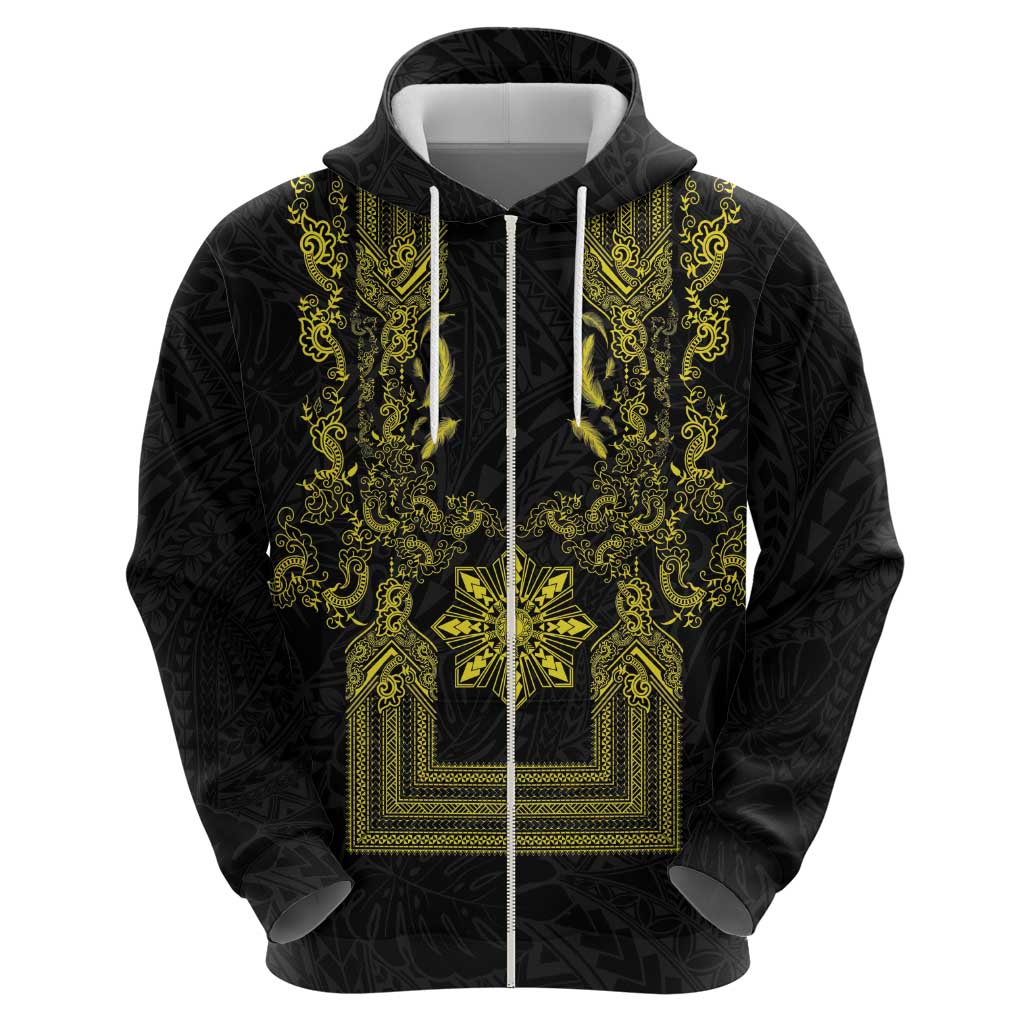 Philippines Barong Style Zip Hoodie with Polynesian Art and Leaf Motif Black-Gold Color
