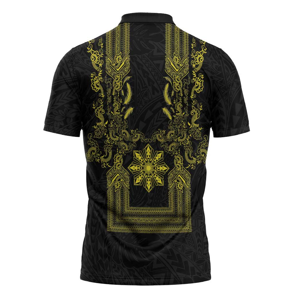 Philippines Barong Style Zipper Polo Shirt with Polynesian Art and Leaf Motif Black-Gold Color