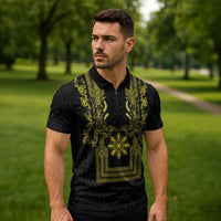 Philippines Barong Style Zipper Polo Shirt with Polynesian Art and Leaf Motif Black-Gold Color