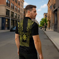 Philippines Barong Style Zipper Polo Shirt with Polynesian Art and Leaf Motif Black-Gold Color
