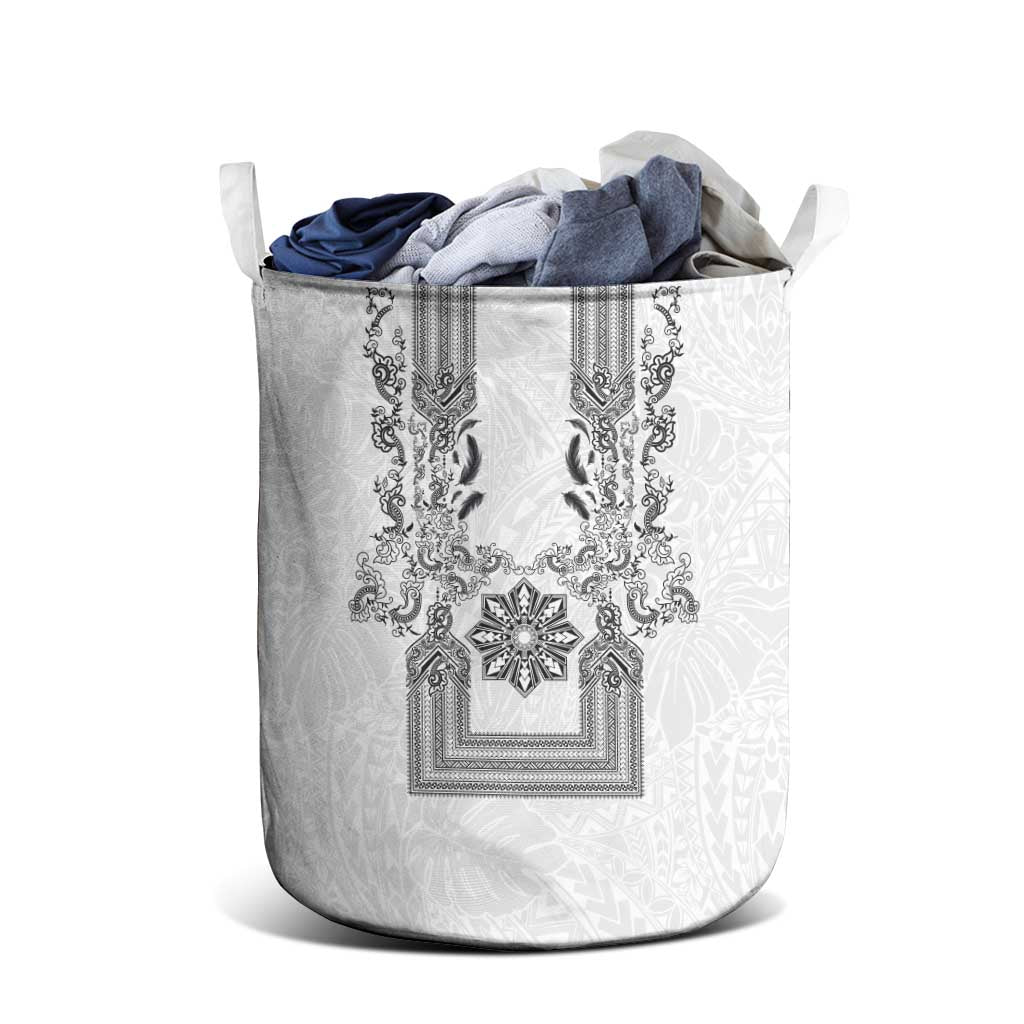 Philippines Barong Style Laundry Basket with Polynesian Art and Leaf Motif Black-White Color
