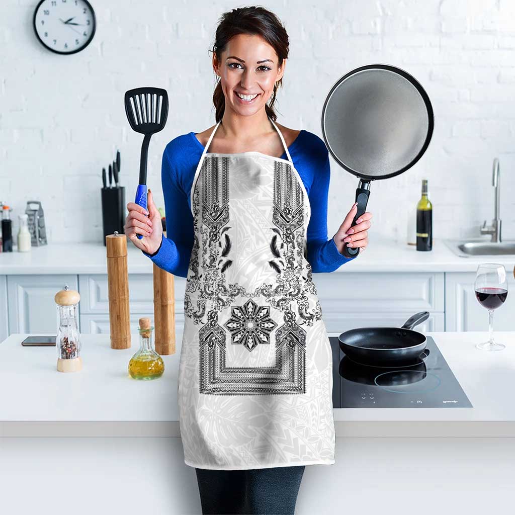 Philippines Barong Style Apron with Polynesian Art and Leaf Motif Black-White Color