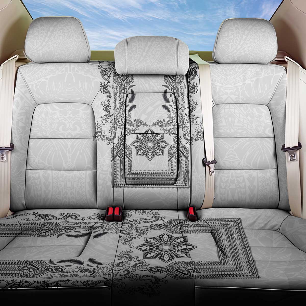 Philippines Barong Style Back Car Seat Cover with Polynesian Art and Leaf Motif Black-White Color