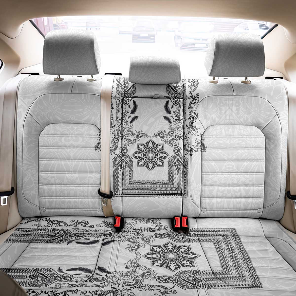 Philippines Barong Style Back Car Seat Cover with Polynesian Art and Leaf Motif Black-White Color