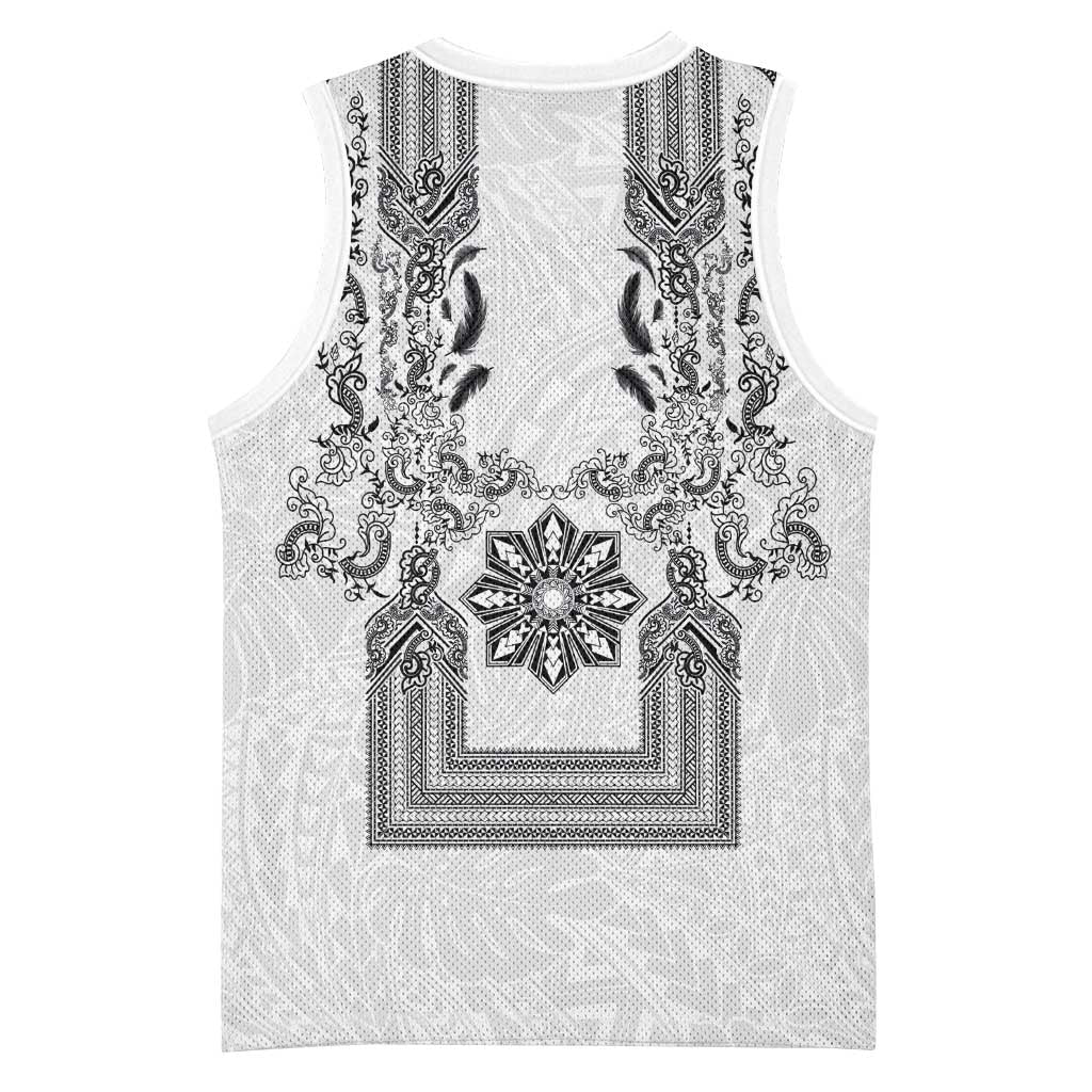 Philippines Barong Style Basketball Jersey with Polynesian Art and Leaf Motif Black-White Color