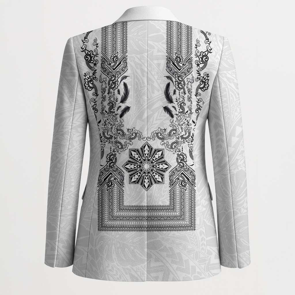 Philippines Barong Style Blazer with Polynesian Art and Leaf Motif Black-White Color