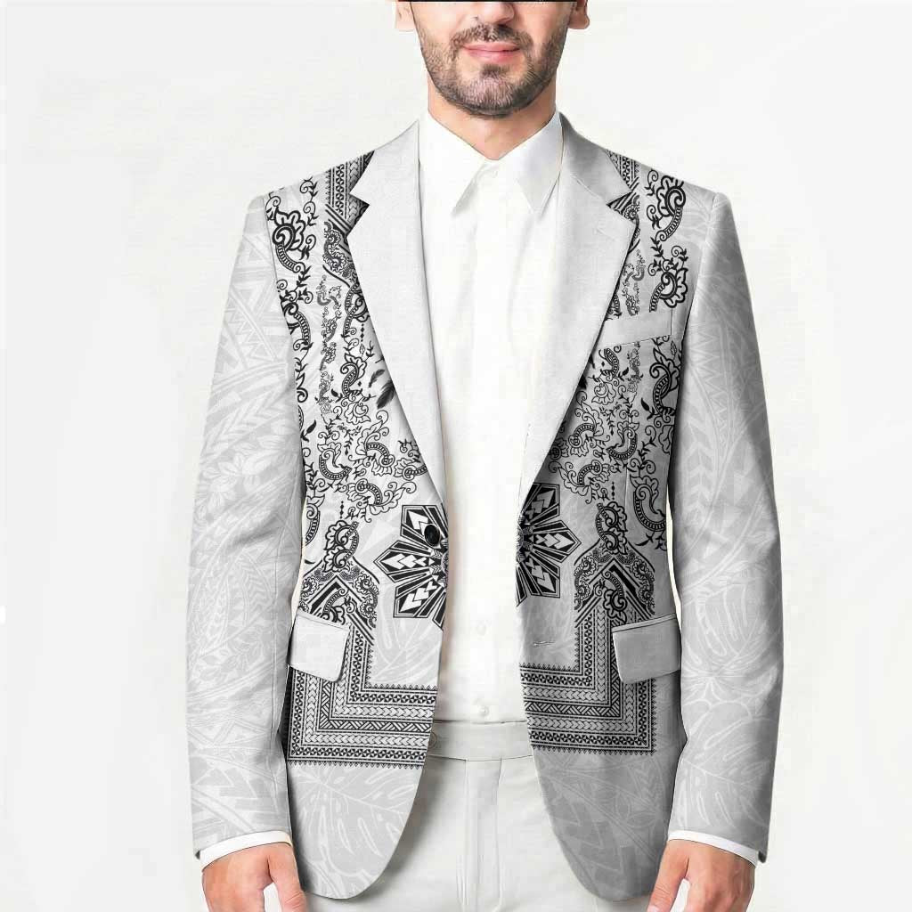 Philippines Barong Style Blazer with Polynesian Art and Leaf Motif Black-White Color