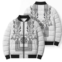 Philippines Barong Style Bomber Puffer Jacket with Polynesian Art and Leaf Motif Black-White Color
