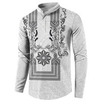 Philippines Barong Style Button Sweatshirt with Polynesian Art and Leaf Motif Black-White Color