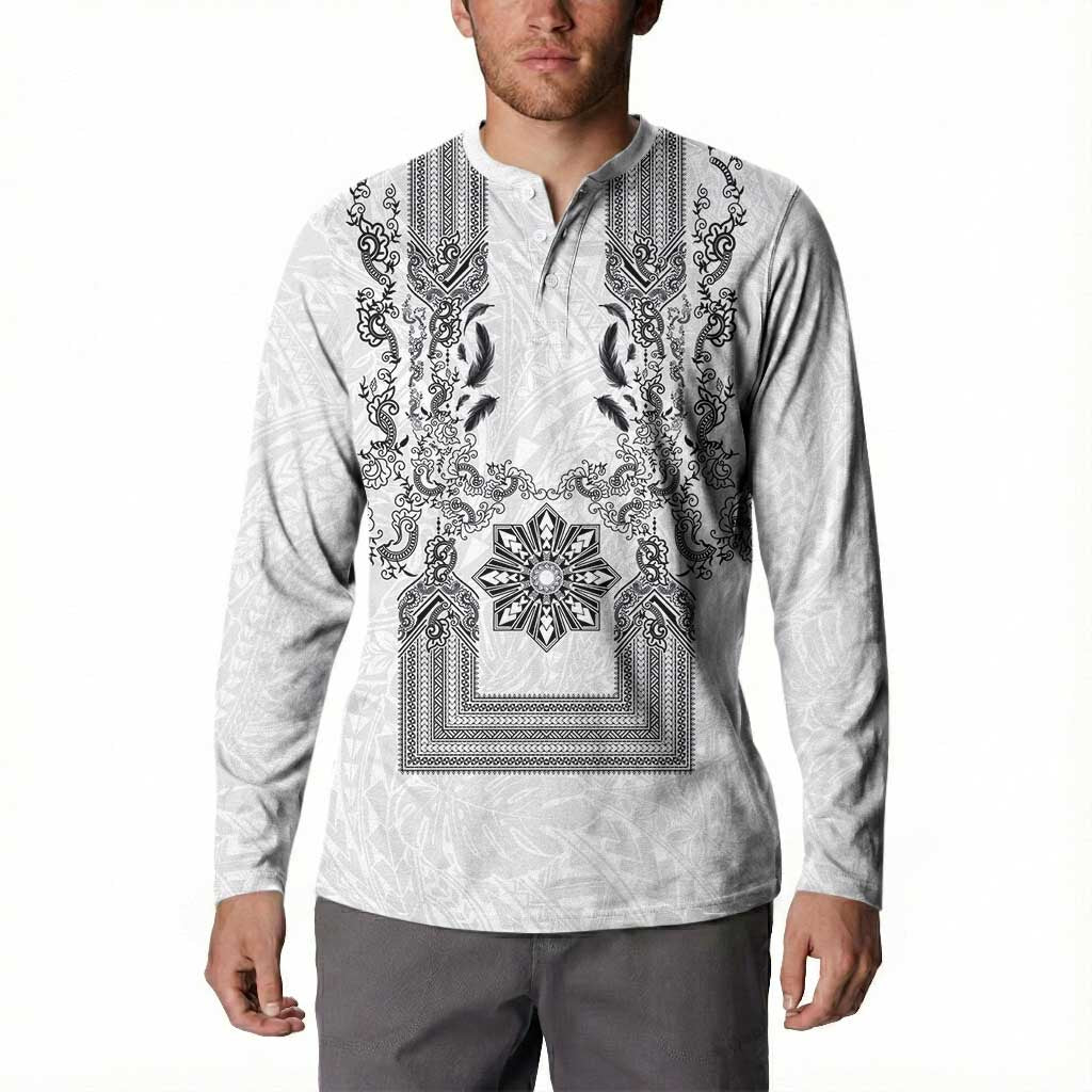 Philippines Barong Style Button Sweatshirt with Polynesian Art and Leaf Motif Black-White Color