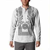 Philippines Barong Style Button Sweatshirt with Polynesian Art and Leaf Motif Black-White Color