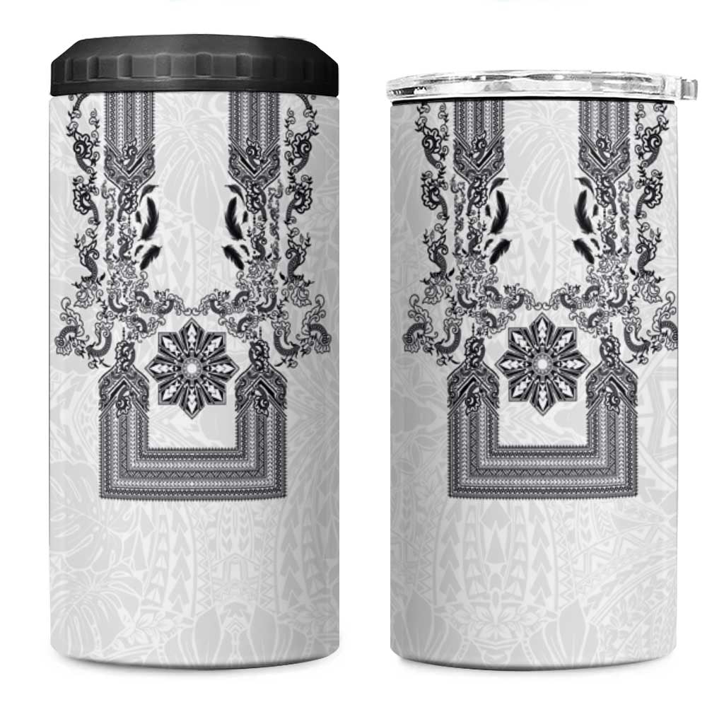 Philippines Barong Style 4 in 1 Can Cooler Tumbler with Polynesian Art and Leaf Motif Black-White Color