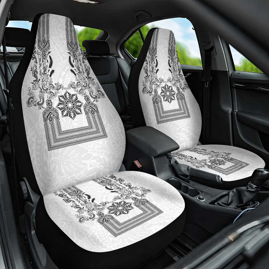 Philippines Barong Style Car Seat Cover with Polynesian Art and Leaf Motif Black-White Color