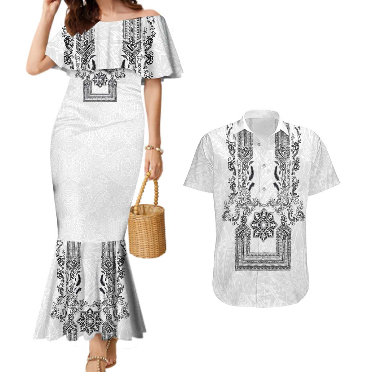 Philippines Barong Style Couples Matching Mermaid Dress and Hawaiian Shirt with Polynesian Art and Leaf Motif Black-White Color LT03 White - Polynesian Pride