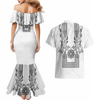 Philippines Barong Style Couples Matching Mermaid Dress and Hawaiian Shirt with Polynesian Art and Leaf Motif Black-White Color LT03 - Polynesian Pride