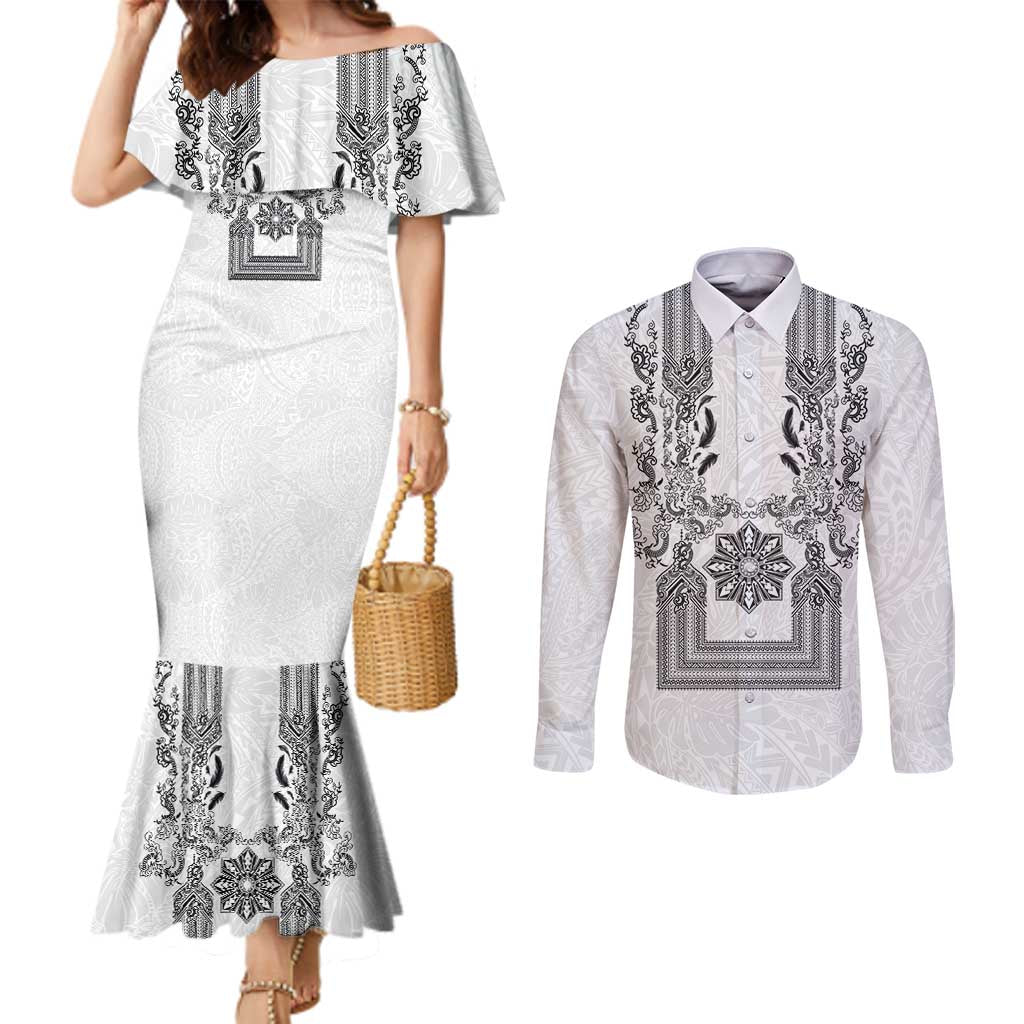 Philippines Barong Style Couples Matching Mermaid Dress and Long Sleeve Button Shirt with Polynesian Art and Leaf Motif Black-White Color