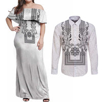 Philippines Barong Style Couples Matching Off Shoulder Maxi Dress and Long Sleeve Button Shirt with Polynesian Art and Leaf Motif Black-White Color